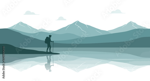 Hiker Silhouette Contemplating Mountain Scenery And Calm Lake Reflections Landscape