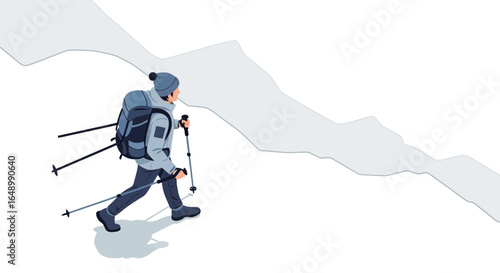 Hiker Silhouette Trekking Uphill Through the Snow With Backpack And Walking Sticks