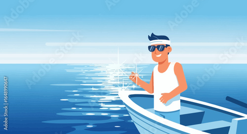 Guy Enjoying a Sunny Day, Sailing on a Blue Boat on the Ocean
