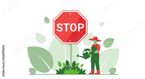 Halting Deforestation A Gardener Nurturing Life Near the Global Stop Sign