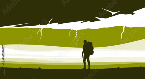 Hiker Silhouette Under An Abstract Mountain Range On A Greenish Landscape