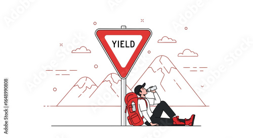 Hiker Taking a Break Near a Yield Sign in a Mountain Landscape