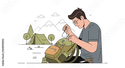Handy Traveler Mending Torn Backpack Amidst Serene Mountainous Camping Landscape