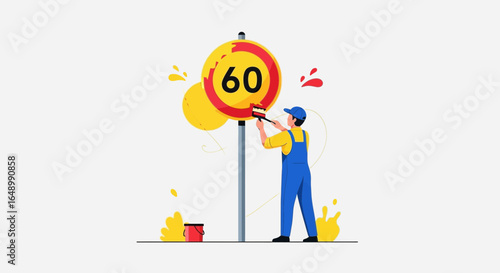 Handyman Painting Speed Limit Sign With Brush and Paint For Maintenance
