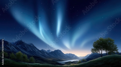 Stunning night sky with aurora borealis illuminating mountain landscape.