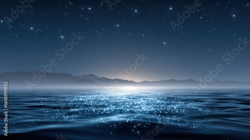 Serene night ocean view with shimmering water and star-filled sky.