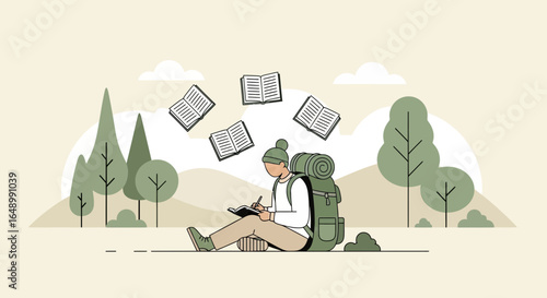 Hiker Writes in Journal During Adventure Trip Surrounded By Flying Books