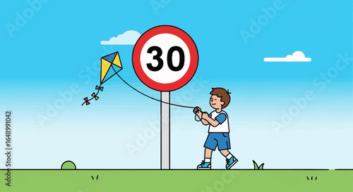 Happy Boy Enjoying Kite Flying Next To a Speed Limit Sign in a Park