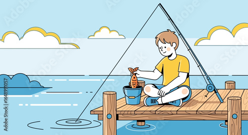 Happy Boy Fishing On Pier With His Freshly Caught Fish In Summer Day