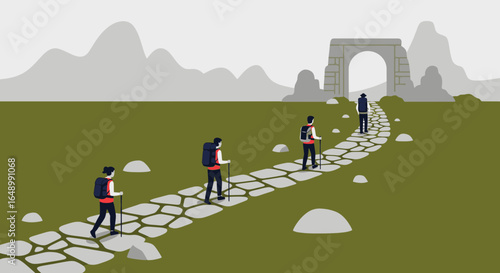 Hikers Ascending Cobblestone Path Towards Ancient Gateway on Adventure Trip