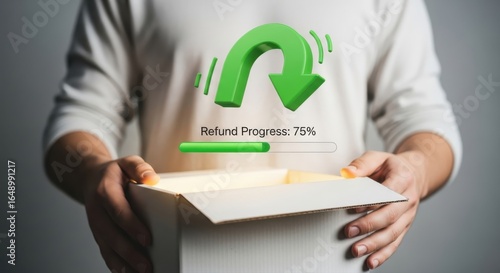 Completing an Online Refund Process Showing Progress Held by Person in a Cardboard Box Illustrating Return Concept
