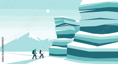 Hikers Explore Scenic Winter Landscape With Layered Rock Formations