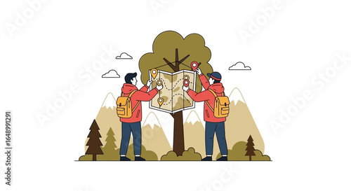 Hikers Exploring Outdoors With Road Map Navigation In Forest Landscape