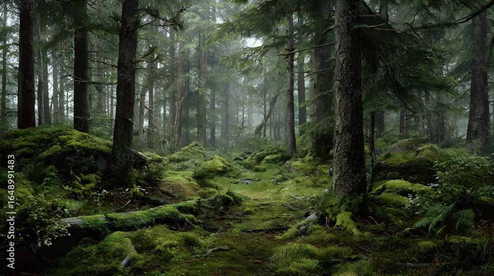 Fototapeta premium Exploring the Enchanting Tranquility of a Damp Mossy Forest: A Journey Into the Heart of Nature's Green Sanctuary