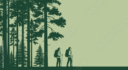 Hiking Adventure: Exploring Green Forest Landscapes With Backpacks And Walking Sticks