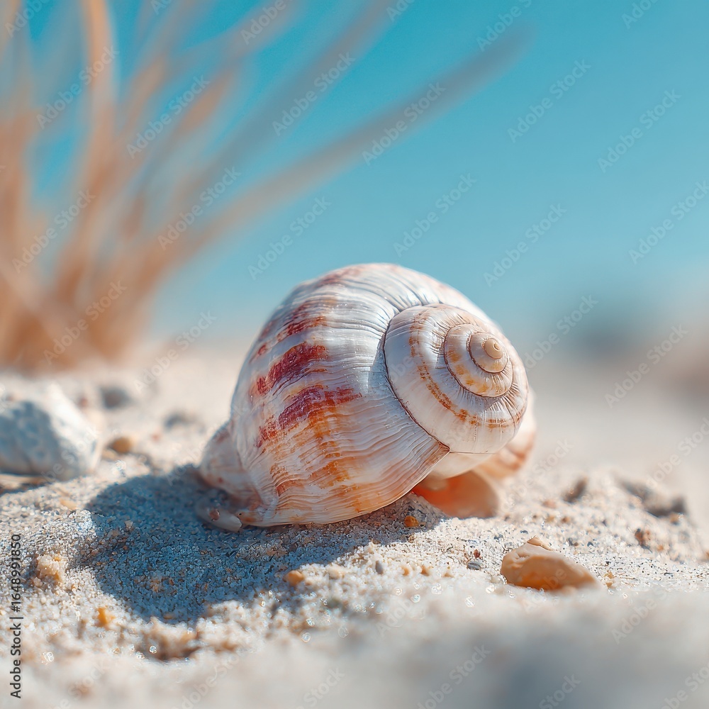 Seashell on sunny beach, plants blurred background; summer vacation postcard Seashell on sunny beach, plants blurred background; summer vacation postcard