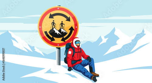 Hiking Loop Trail Illustration With Mountain Climber In Snowy Landscape