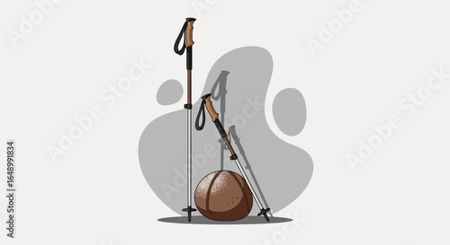 Hiking Poles And Coconut Illustration For Adventure And Outdoor Travel