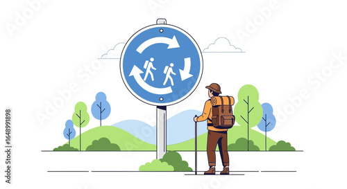 Hiking Trail Guidance Sign Directing Walkers on Circular Route With Backpackers