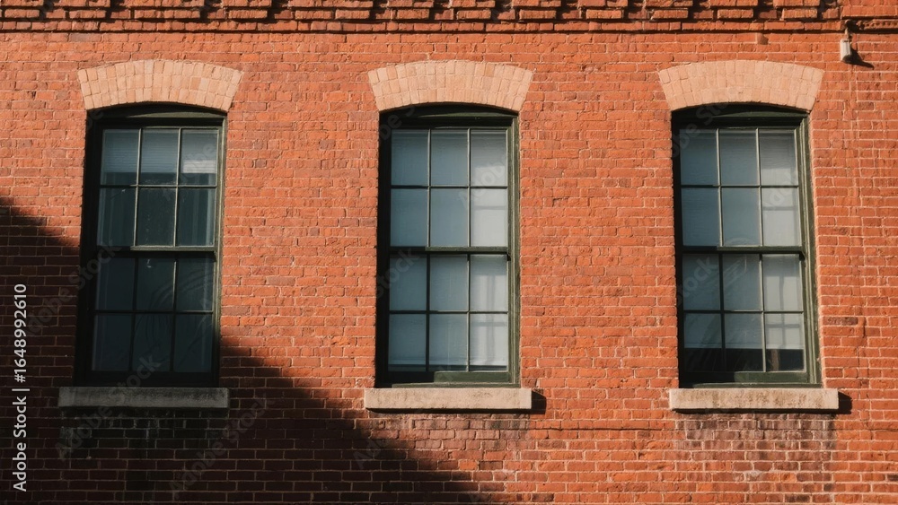 Fototapeta premium Three symmetrical windows on a red brick building facade