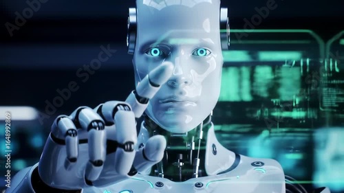 Futuristic robot interacting with holographic interface