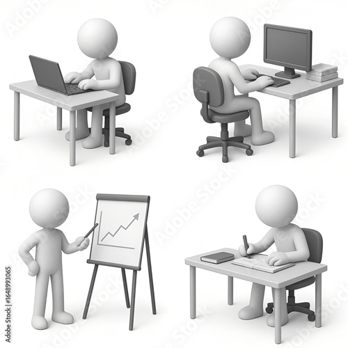 Office teamwork concepts with 3D white figures in various work settings
