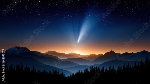 A breathtaking view of a comet rising over a serene mountain landscape at twilight.