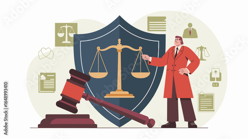 lawyer standing beside a shield with scales of justice vector illustration, criminal defense services, legal representation and courtroom advocacy
