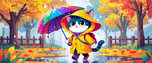 cute cartoon funny cat walking under an umbrella in an autumn park, flat illustration