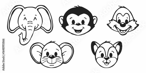 Cartoon animal faces including an elephant, monkey, fox, mouse, and squirrel in black and white