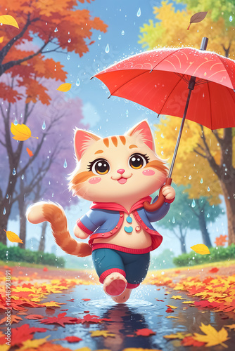 cute cartoon funny cat walking under an umbrella in an autumn park, flat illustration