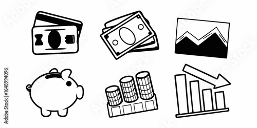 Illustration showing financial elements including credit cards money graph and piggy bank concept art
