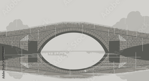 Historic Arched Bridge Under Rainy Sky Minimalist Detailed Vector Graphic