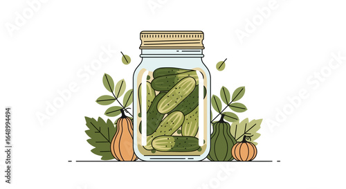 Homemade Pickled Cucumbers Jar Surrounded By Pumpkins And Leaves Illustration