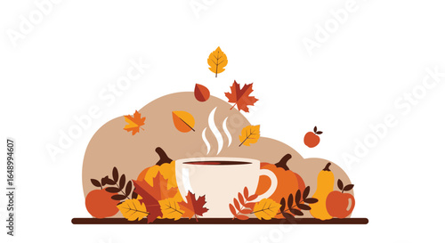 Hot Beverage With Pumpkins And Leaves Creating A Cozy Autumn Season Graphic