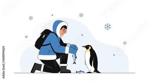 Humanitarian Assistance To Penguin In The Winter Antarctic Scenery Giving Fish