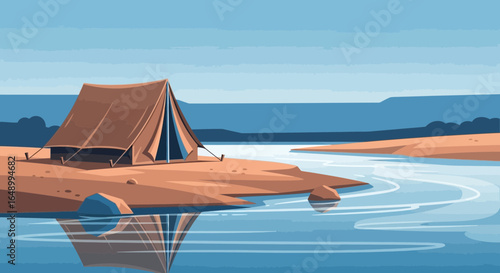 Illustration of peaceful camping scene by the river, a serene escape into nature with a tent set up by calm waters