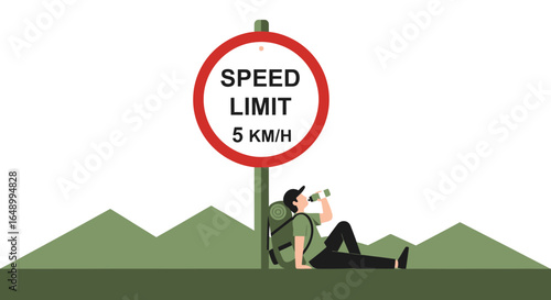 Humorous Trekking Scene With a Resting Hiker Next to Speed Limit Sign