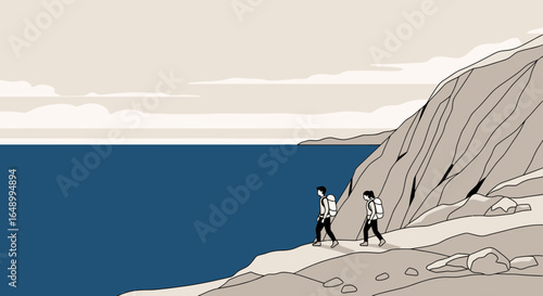 Illustration of two hikers with backpacks walking along a coastal trail with ocean view