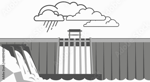 Hydroelectric Dam Under Cloudy Sky Generating Clean Energy Illustration