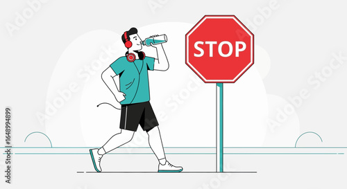 Hydration Break Near Stop Sign Refreshment During Physical Activity Illustration