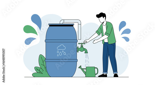 Illustration showcasing rain water harvesting with a man filling a watering can from a barrel showing sustainable living and water conservation