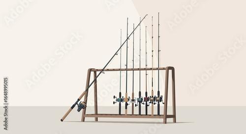Illustration showcasing an array of fishing rods neatly organized in a wooden rack for recreational activities