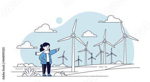 Illustration showcasing a woman pointing towards wind turbines in a scenic landscape, promoting sustainable energy