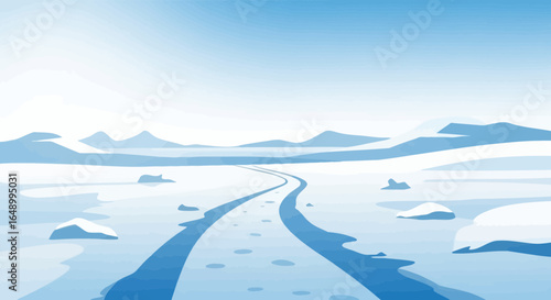 Icy Arctic Landscape With A Winding Path Towards Distant Mountain Ranges