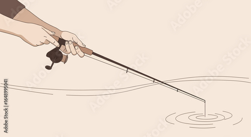 Illustrative Angler Hands Holding Fishing Rod Preparing To Catch A Fish