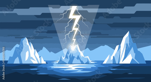 Icy Landscape Of Arctic Icebergs Under A Dramatic Lightning Storm Illustration