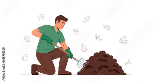 Illustrative depiction of a man gardening compost and foliage with a fork, showcasing outdoor activity and healthy lifestyle for environmental awareness