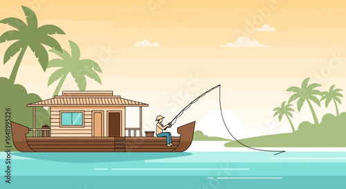 Idyllic Backwater Scene Man Fishing from Houseboat Relaxing Tropical Retreat