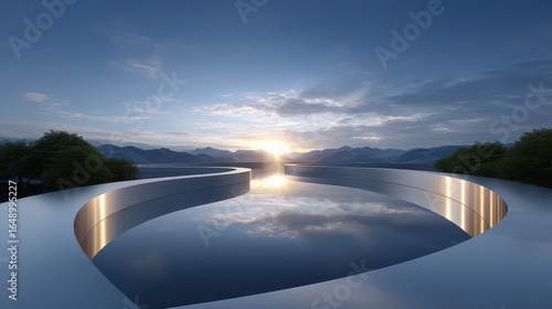 Serene landscape with reflective water and mountains at sunrise.